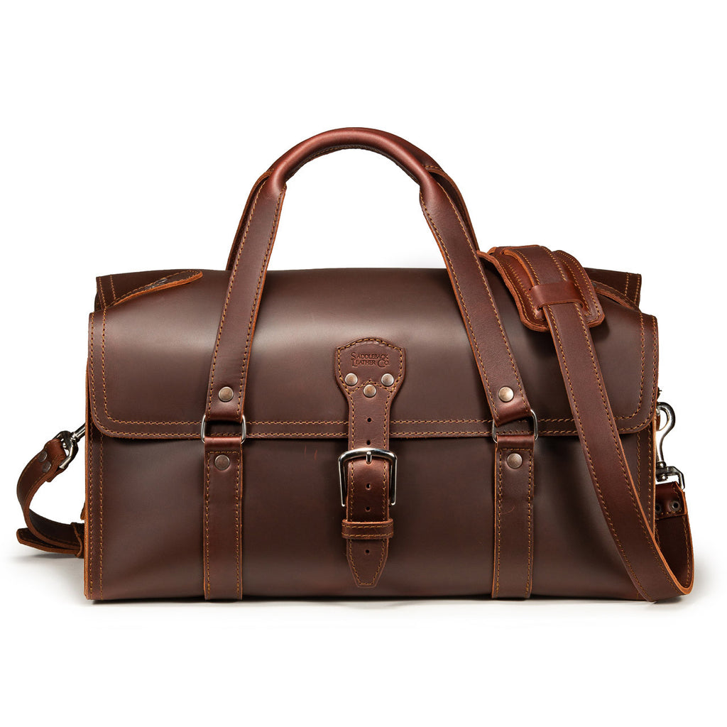 20" Baby Beast Duffle Bag in Chestnut, front view with center buckle strap and shoulder strap