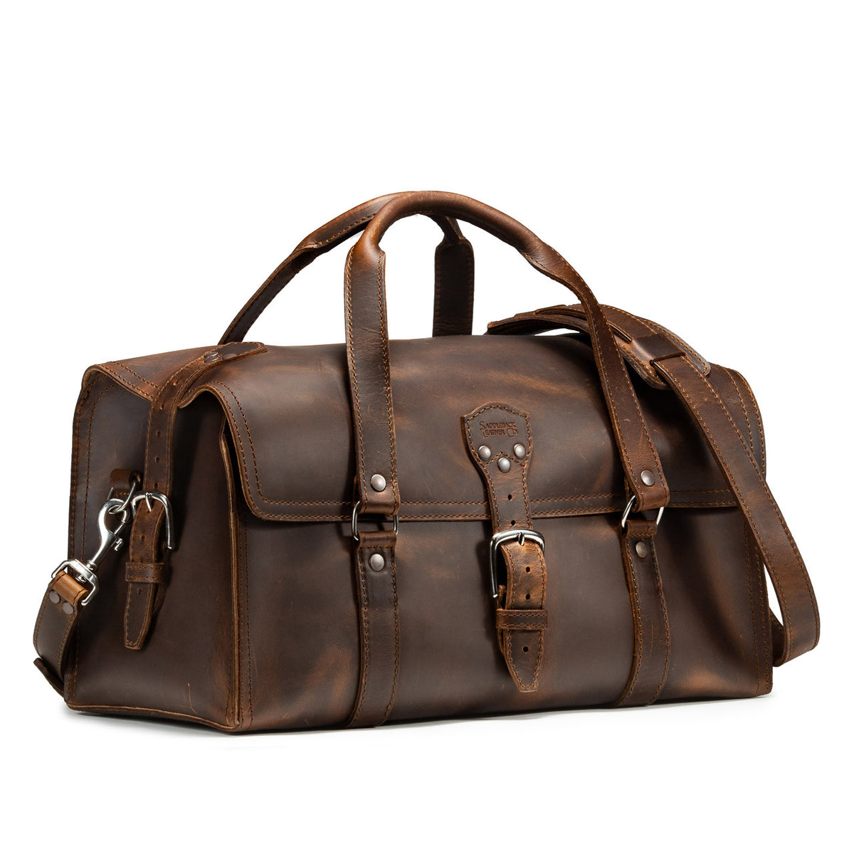 20" Baby Beast Duffle Bag in Dark Coffee Brown, angled front view with buckle straps and shoulder strap