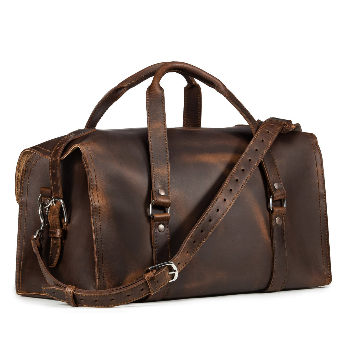 20" Baby Beast Duffle Bag in Dark Coffee Brown, angled back view with shoulder strap draped across