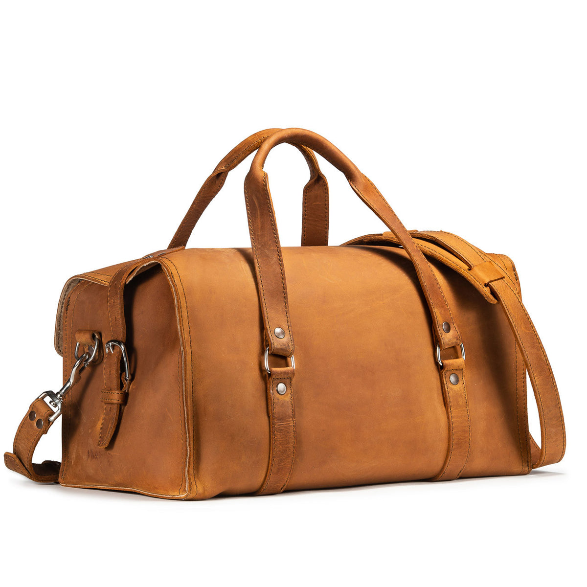 20" Baby Beast Duffle Bag in Tobacco, angled back view with handles and shoulder strap
