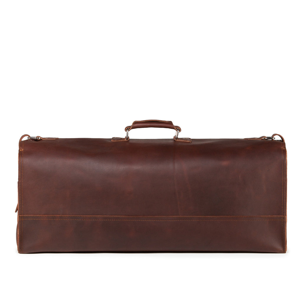 34" Beast Duffle Bag in Chestnut, back view with smooth panel and top handle
