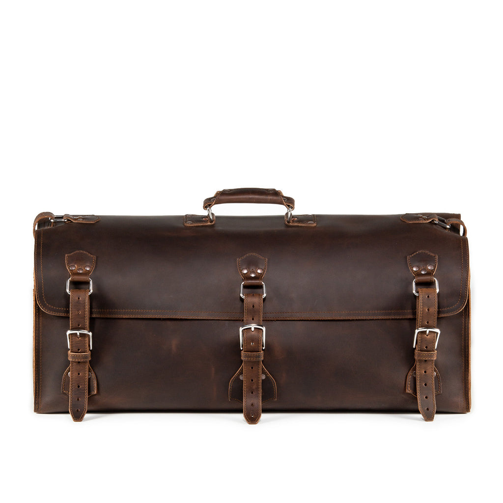 34" Beast Duffle Bag in Dark Coffee Brown, front view with three buckle straps and top handle