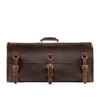 34" Beast Duffle Bag in Dark Coffee Brown, front view with three buckle straps and top handle