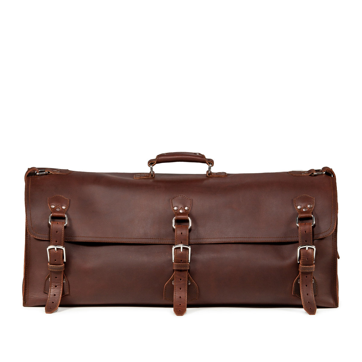 34" Beast Duffle Bag in Chestnut, front view with three buckle straps and top handle