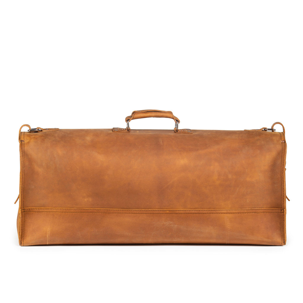 34" Beast Duffle Bag in Tobacco, back view with smooth panel and top handle