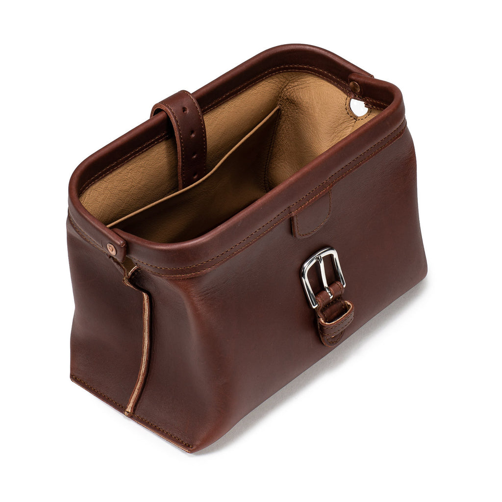 Big Mouth Leather Toiletry Bag in Chestnut, open wide-mouth view showing interior pocket and lining
