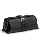 Little Big Mouth Toiletry Bag in Black, angled front view with wide frame opening and buckled strap closure