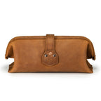 Little Big Mouth Toiletry Bag in Tobacco, back view with riveted strap tab and embossed logo