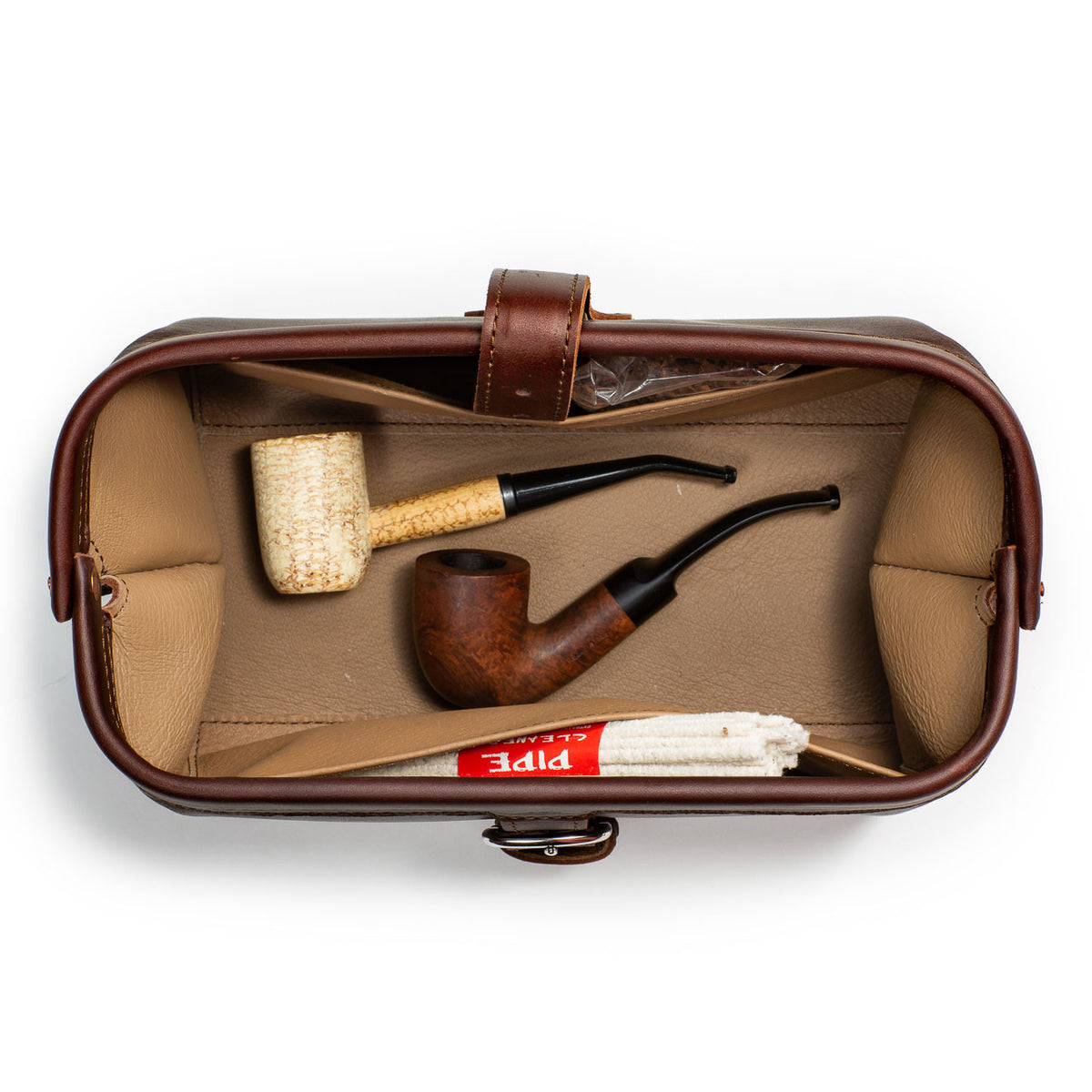 Little Big Mouth Toiletry Bag in Chestnut, top view open holding a corncob pipe, a wooden pipe and pipe cleaners