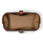 Little Big Mouth Toiletry Bag in Chestnut, top view open and empty showing the wide mouth and lined interior