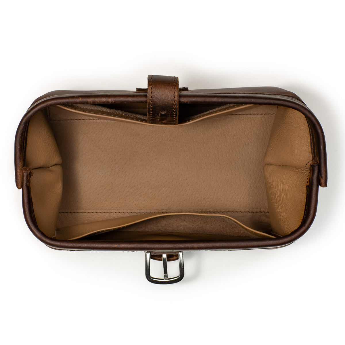 Little Big Mouth Toiletry Bag in Dark Coffee Brown, top view open and empty showing the wide mouth and lined interior