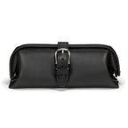 Little Big Mouth Toiletry Bag in Black, front view with wide frame top and buckled strap closure