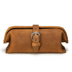 Little Big Mouth Toiletry Bag in Tobacco, front view with wide frame top and buckled strap closure