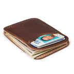 Slim Leather Card Wallet in Chestnut lying flat at an angle, loaded with an ID, cards and cash