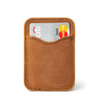 Slim Leather Card Wallet in Tobacco, back view with a debit card tucked in the curved pocket