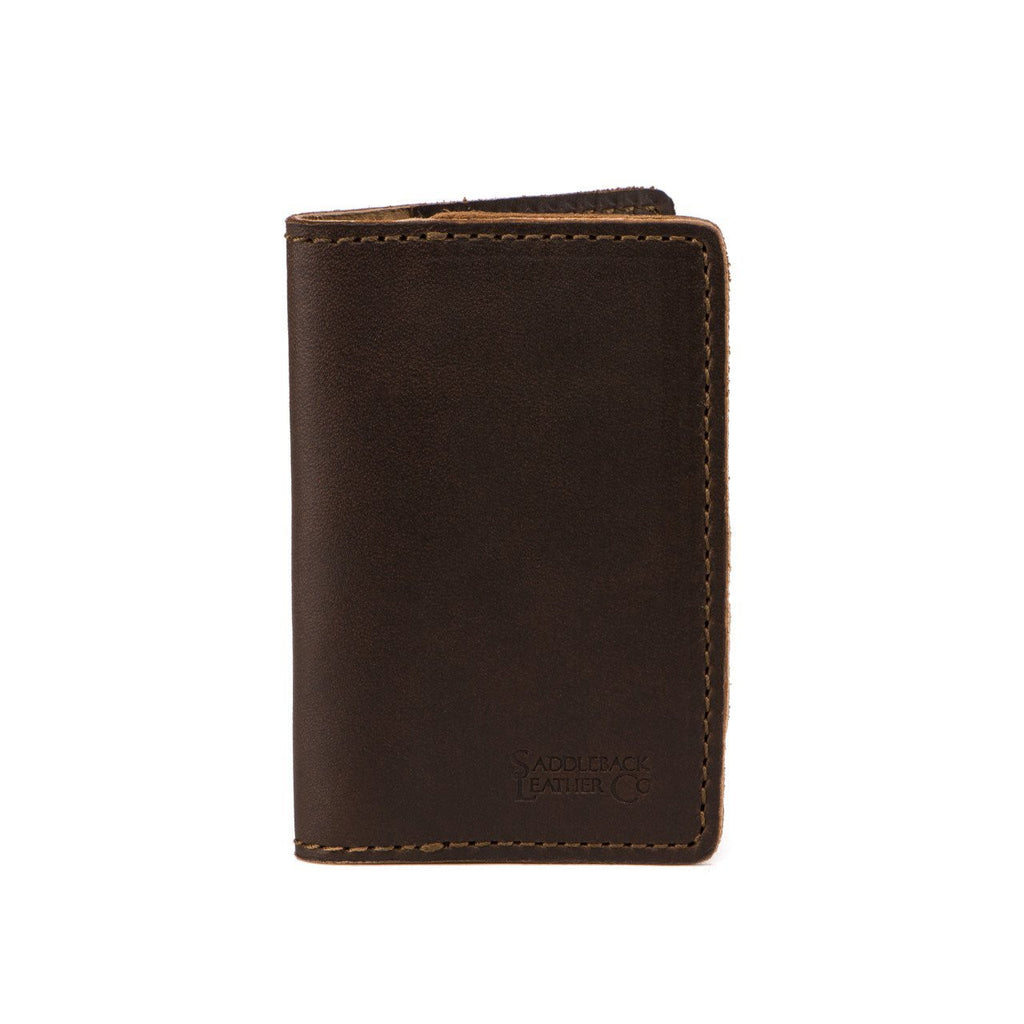 Slim Business Card Holder in Dark Coffee Brown leather, closed front view with embossed logo