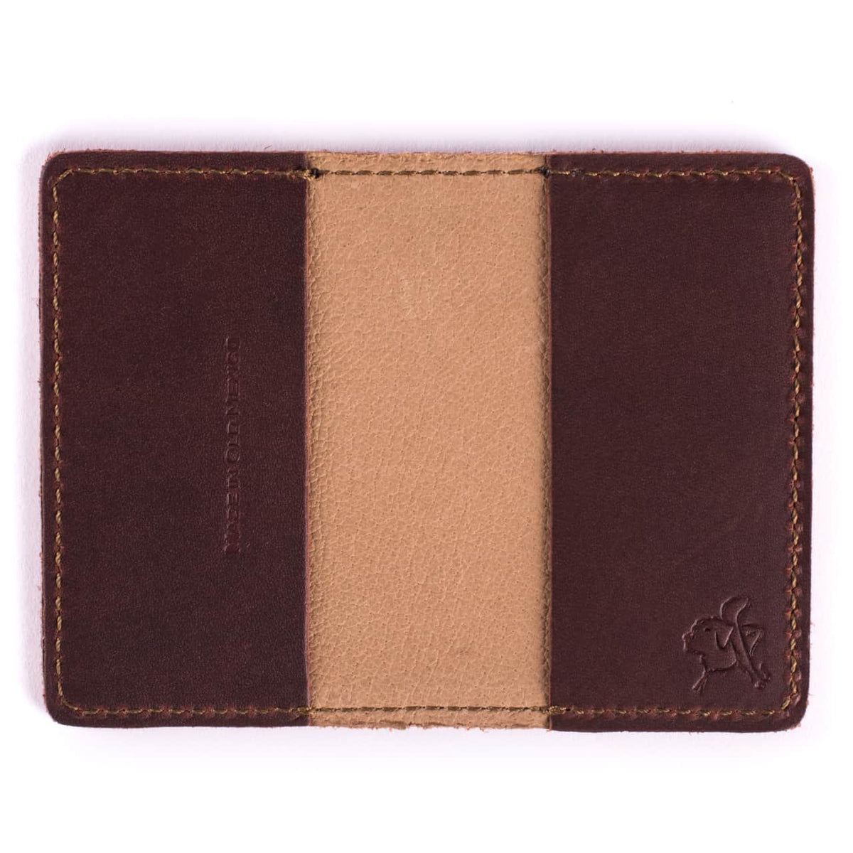 Slim Business Card Holder in Chestnut leather opened flat showing two empty inner pockets