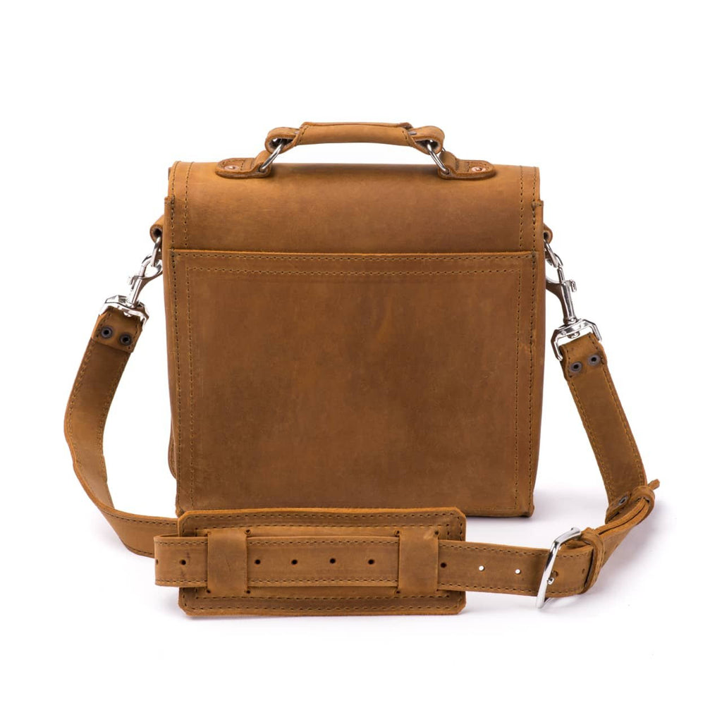 Indiana Leather Satchel in Tobacco, back view with shoulder strap and padded shoulder pad