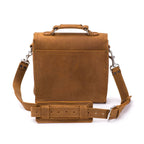 Indiana Leather Satchel in Tobacco, back view with shoulder strap and padded shoulder pad