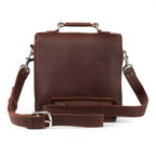 Indiana Leather Satchel in Chestnut, back view with shoulder strap and padded shoulder pad