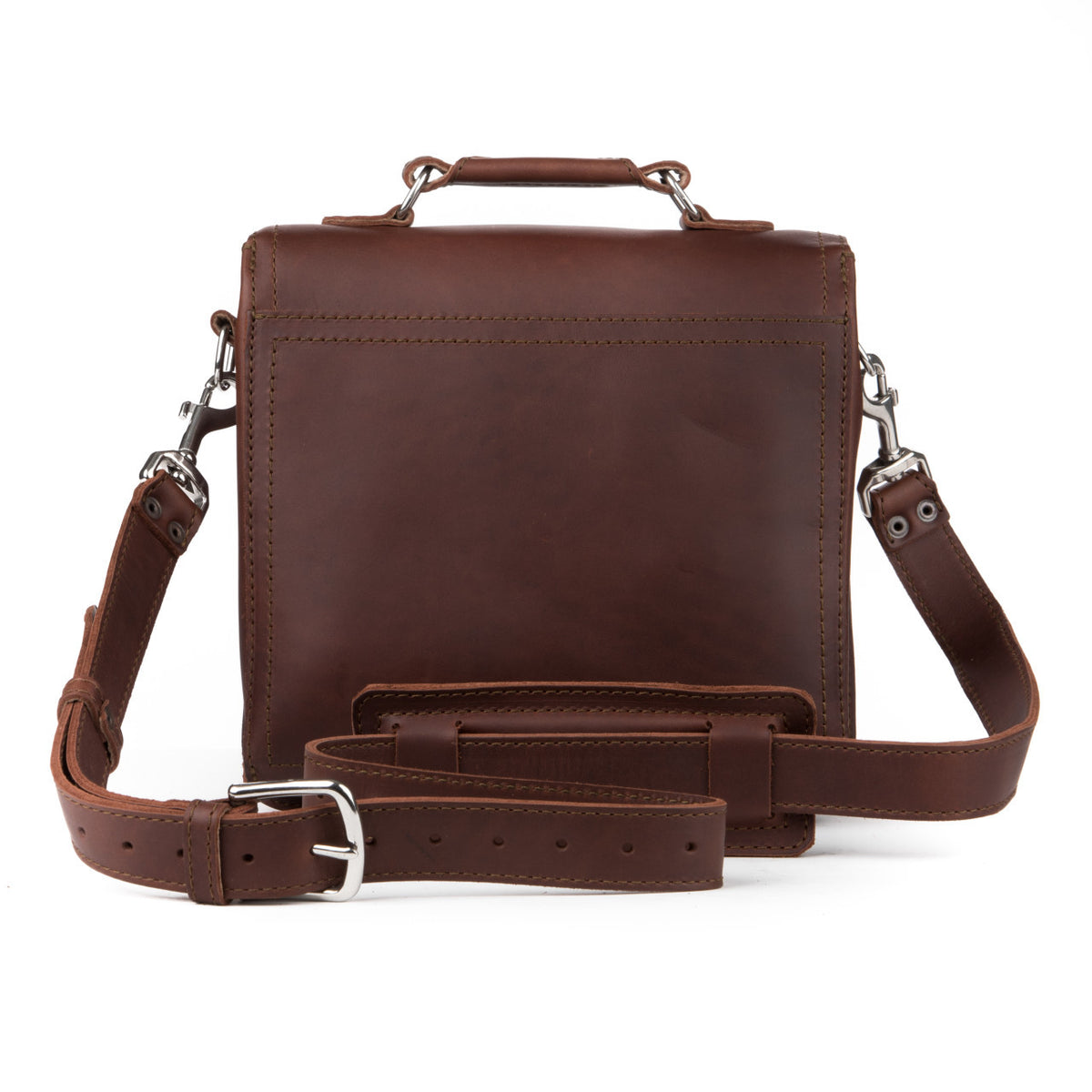 Indiana Leather Satchel in Chestnut, back view with shoulder strap and padded shoulder pad