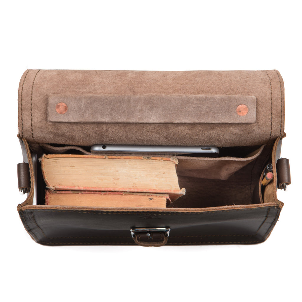 Indiana Leather Satchel in Dark Coffee Brown, top view open showing old books and a tablet inside