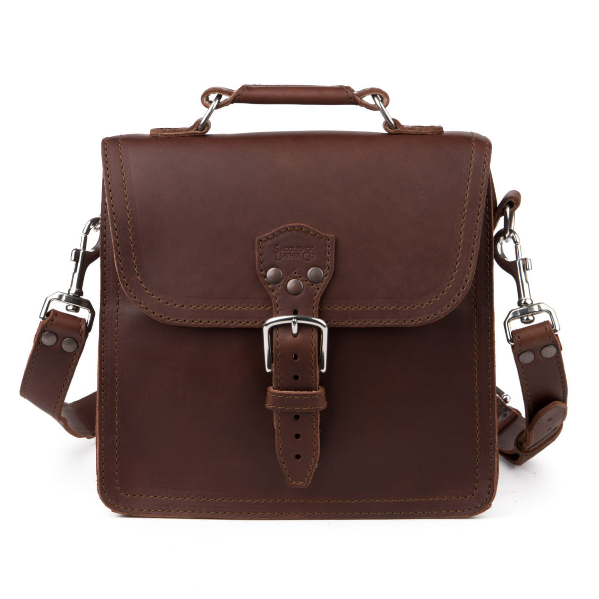Indiana Leather Satchel in Chestnut, front view with buckled flap, top handle and clipped shoulder strap