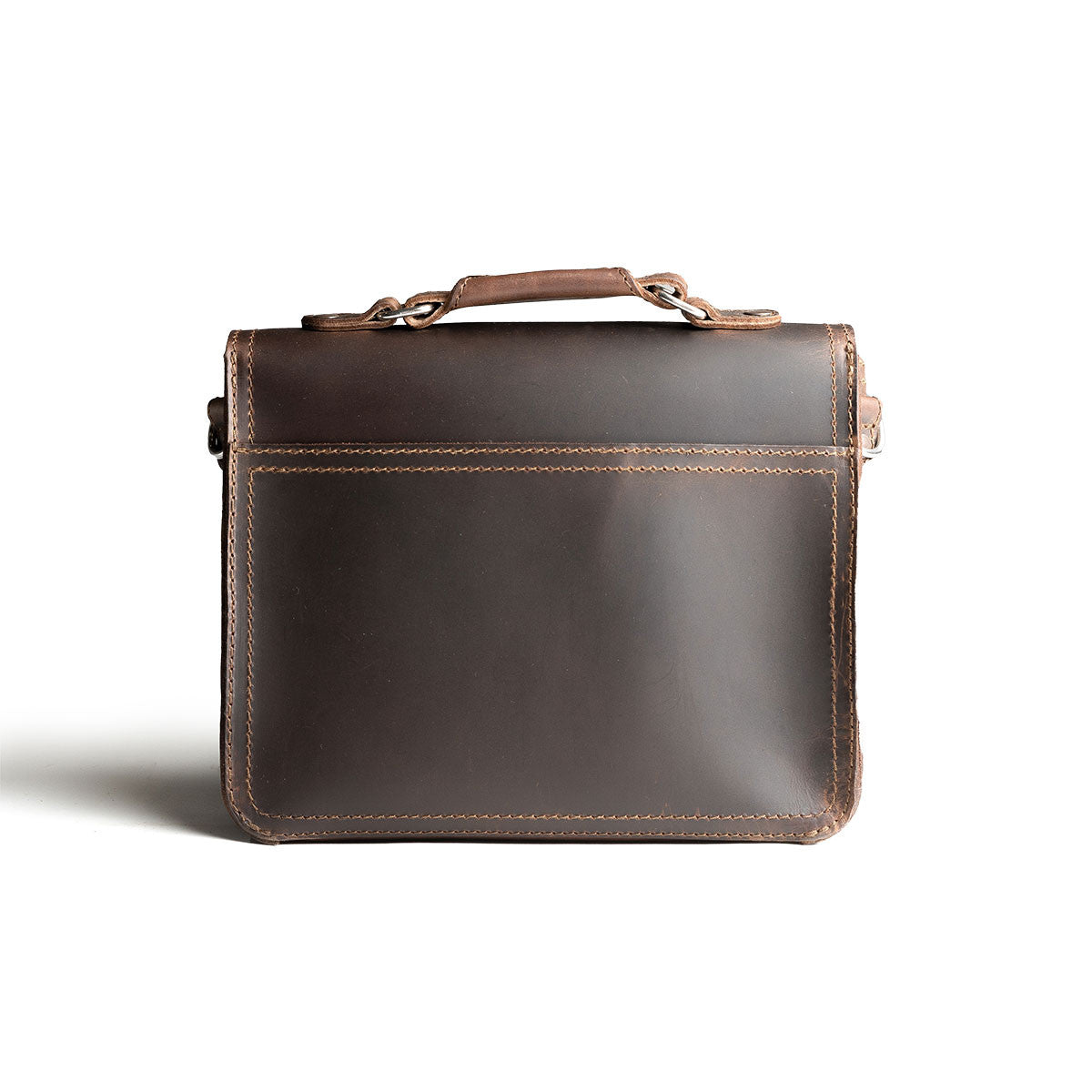 Front Pocket Leather Satchel in Dark Coffee Brown, back view with top handle and stitched back panel
