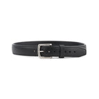 Leather Tow Belt in Black, buckled front view showing the stainless steel buckle and leather keeper