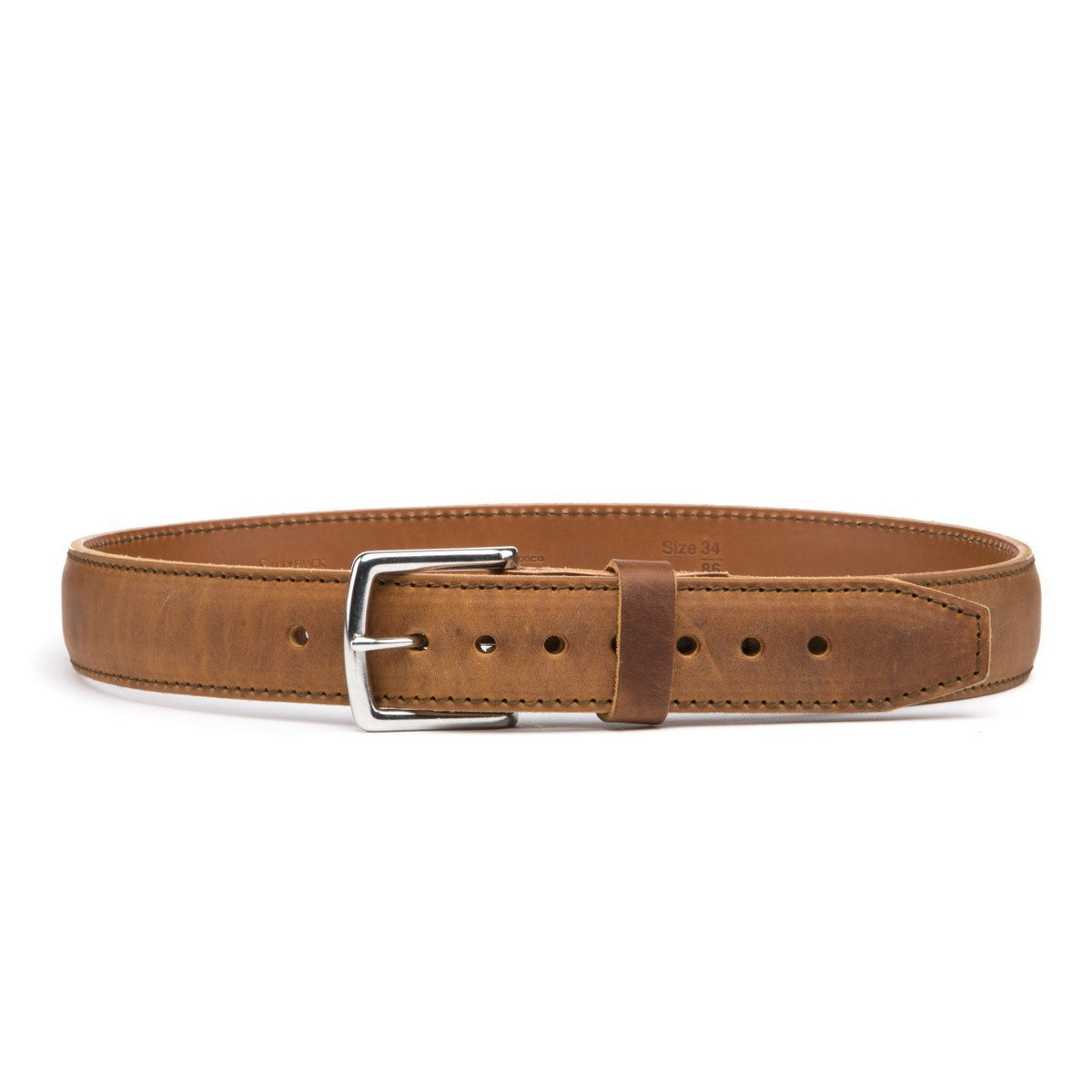 Leather Tow Belt in Tobacco, buckled front view showing the stainless steel buckle and leather keeper