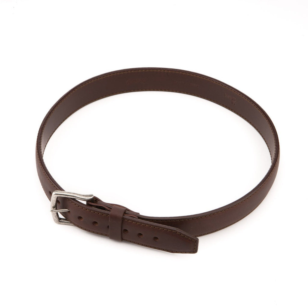 Leather Tow Belt in Chestnut, buckled into a loop with stainless steel buckle, angled top view