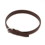 Leather Tow Belt in Chestnut, buckled into a loop with stainless steel buckle, angled top view