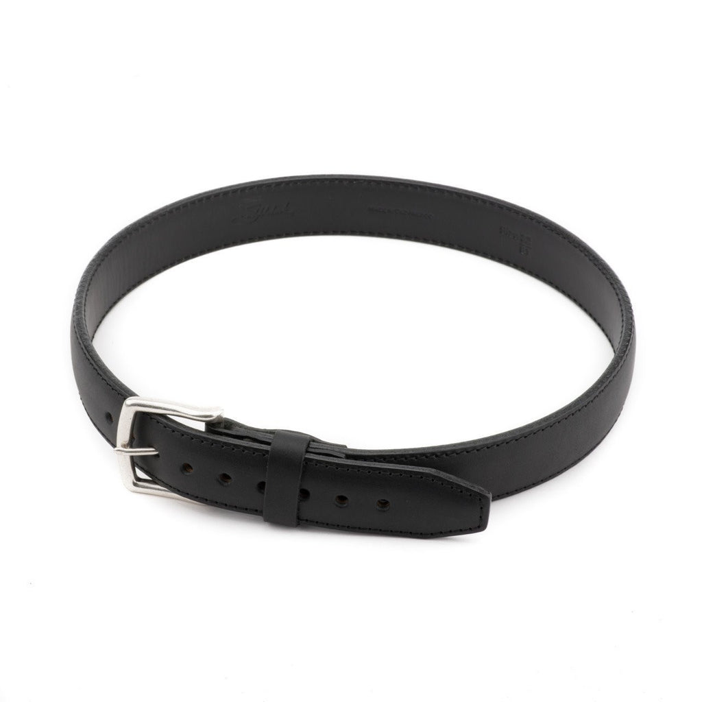 Leather Tow Belt in Black, buckled into a loop with stainless steel buckle, angled top view