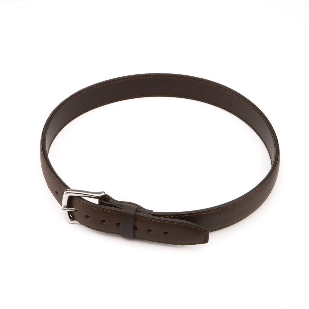 Leather Tow Belt in Dark Coffee Brown, buckled into a loop with stainless steel buckle, angled top view