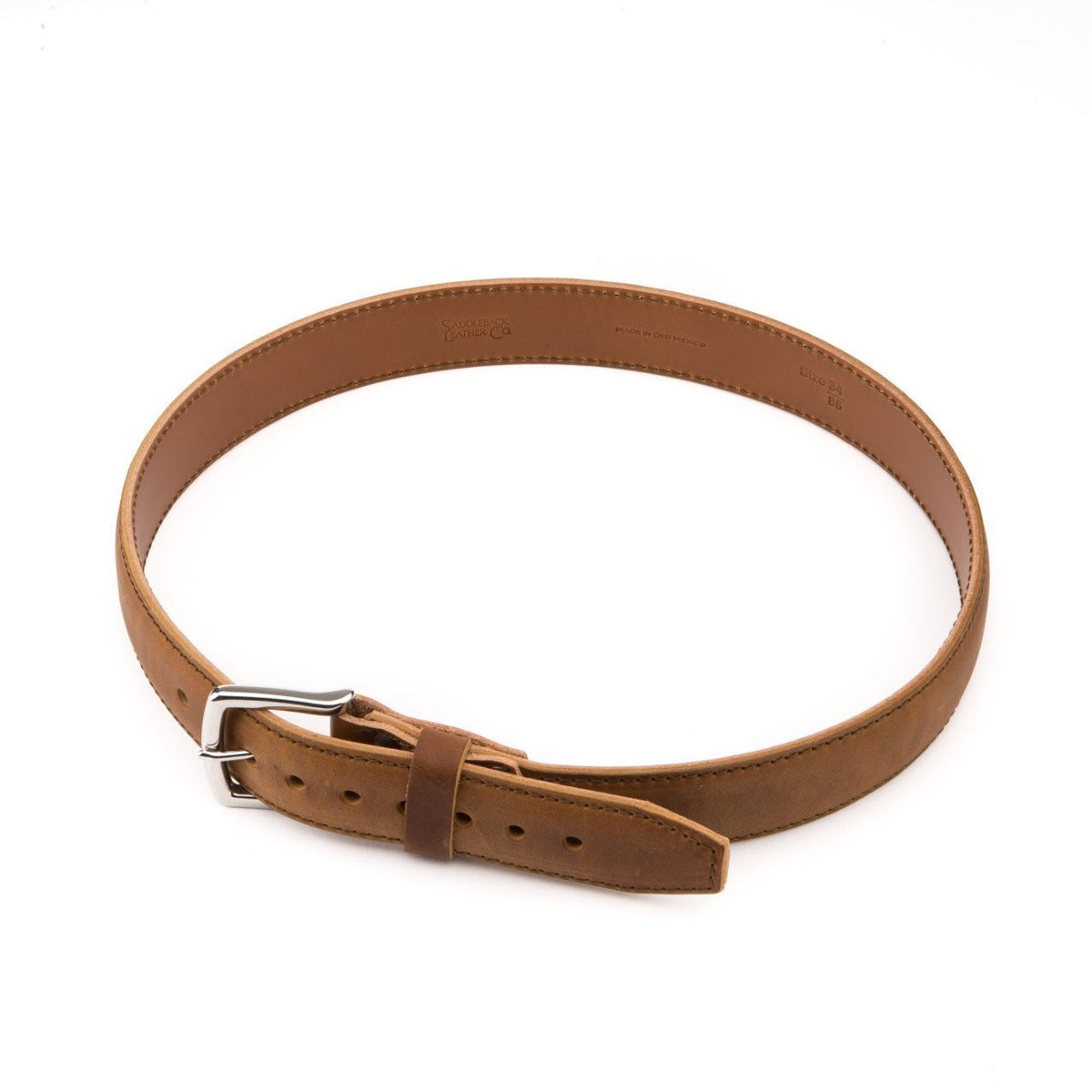Leather Tow Belt in Tobacco, buckled into a loop with stainless steel buckle, angled top view