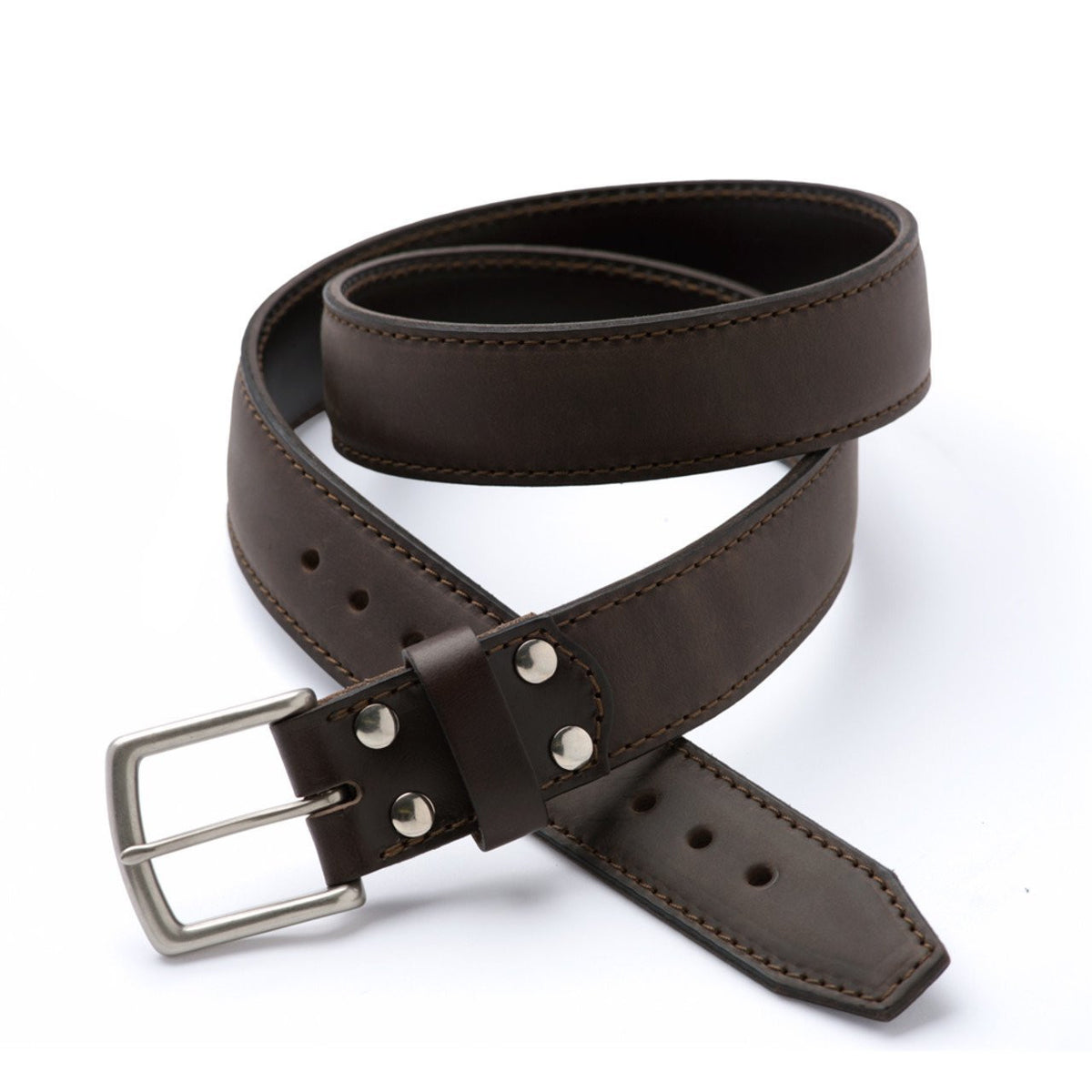Leather Tow Belt in Dark Coffee Brown with stainless steel buckle and screw-post keeper, coiled close-up