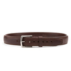 Leather Tow Belt in Chestnut, buckled front view showing the stainless steel buckle and leather keeper