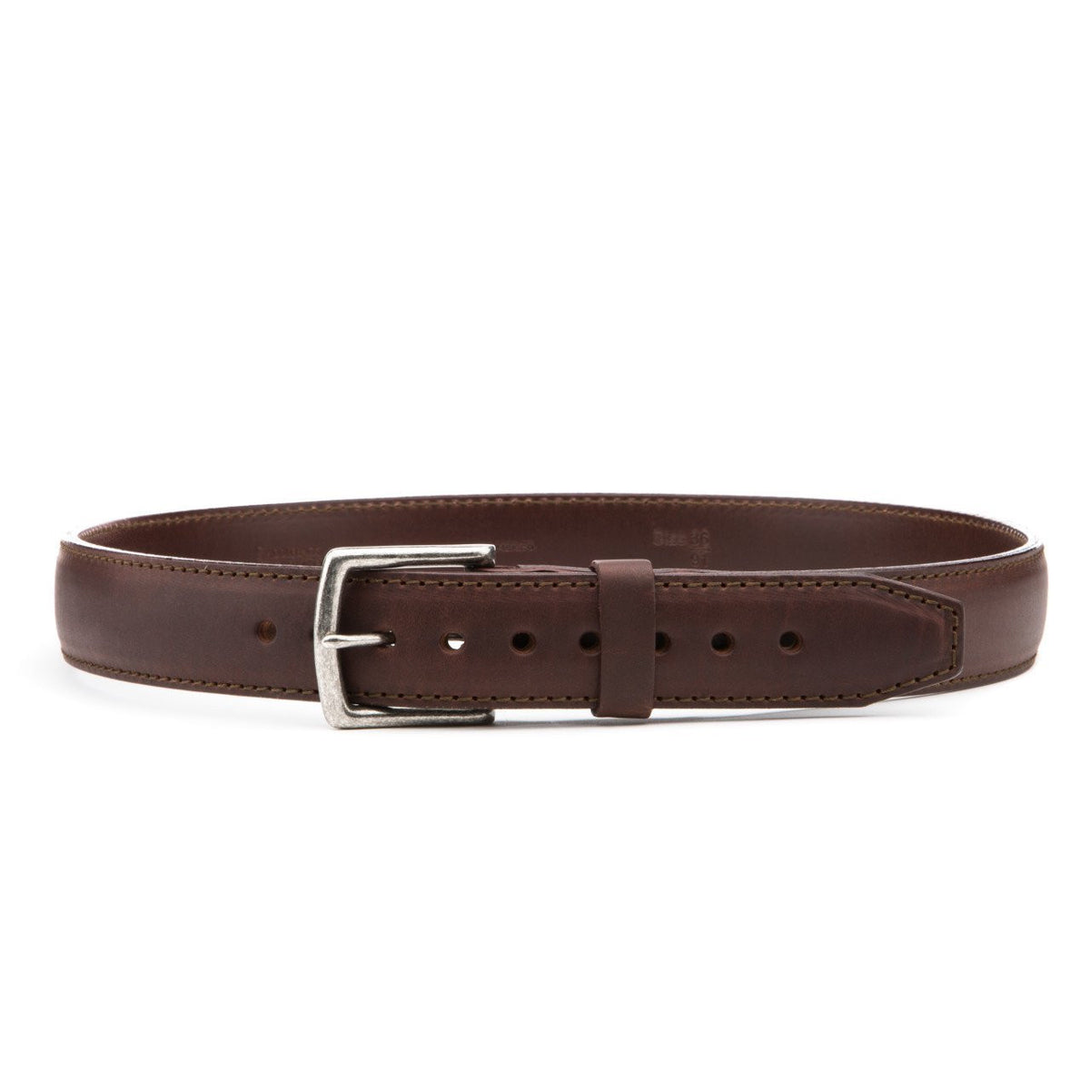 Leather Tow Belt in Chestnut, buckled front view showing the stainless steel buckle and leather keeper