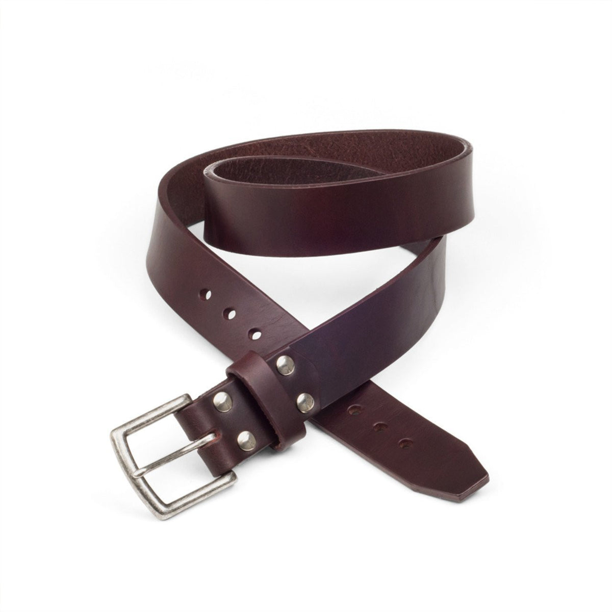 Old Bull Leather Belt in Chestnut with riveted stainless steel buckle, coiled to show the thick strap