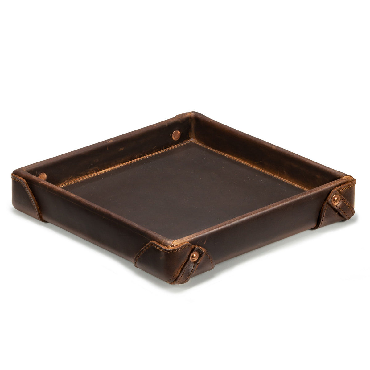 The Leather Grandfather Valet Tray in Dark Coffee Brown, empty, angled view showing interior and riveted corner tabs