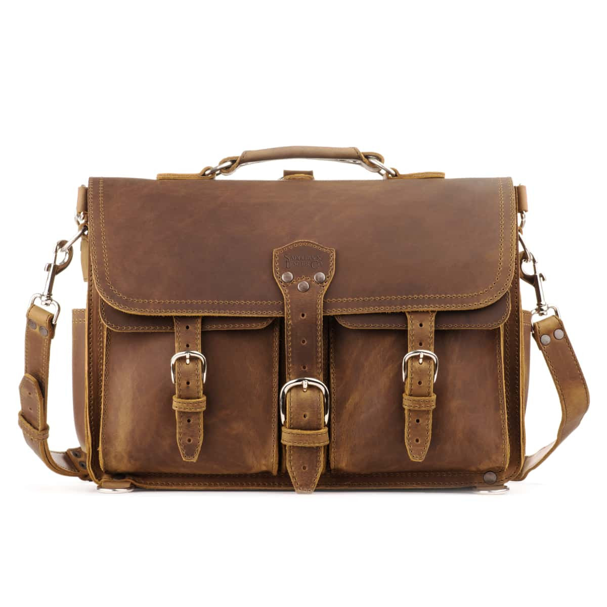 Front Pocket Leather Briefcase in Tobacco, front view with two buckled front pockets, top handle and shoulder strap