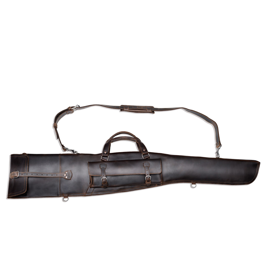 Shotgun Sleeve in Dark Coffee Brown, side view with buckled pocket, carry handle and shoulder strap