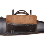 Shotgun Sleeve in Dark Coffee Brown, close-up of the front accessory pocket with flap open and buckle straps