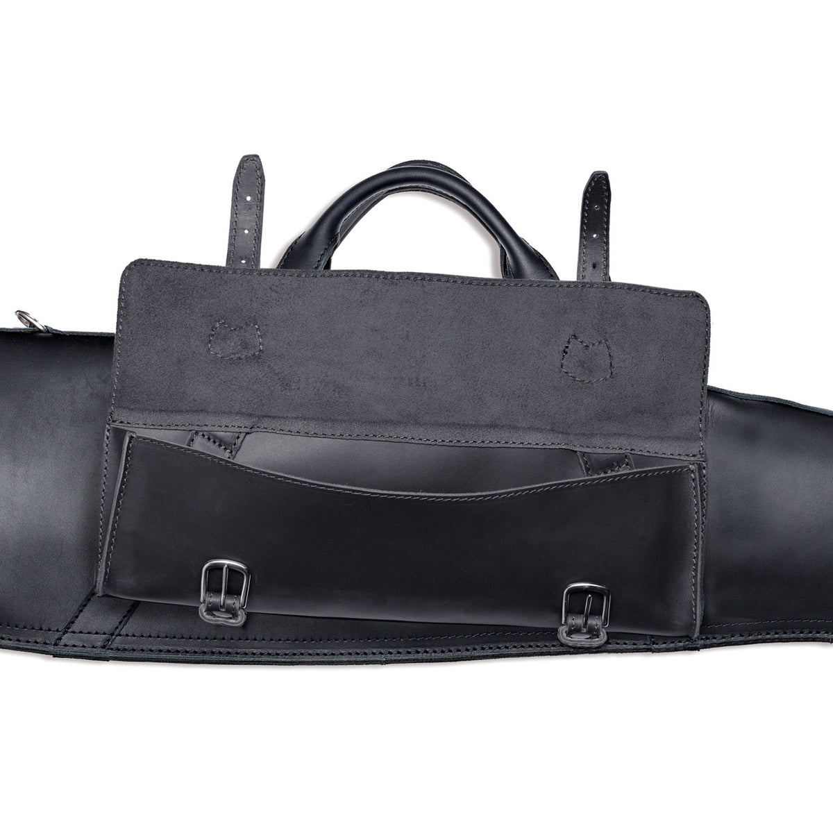 Shotgun Sleeve in Black, close-up of the front accessory pocket with flap open and buckle straps