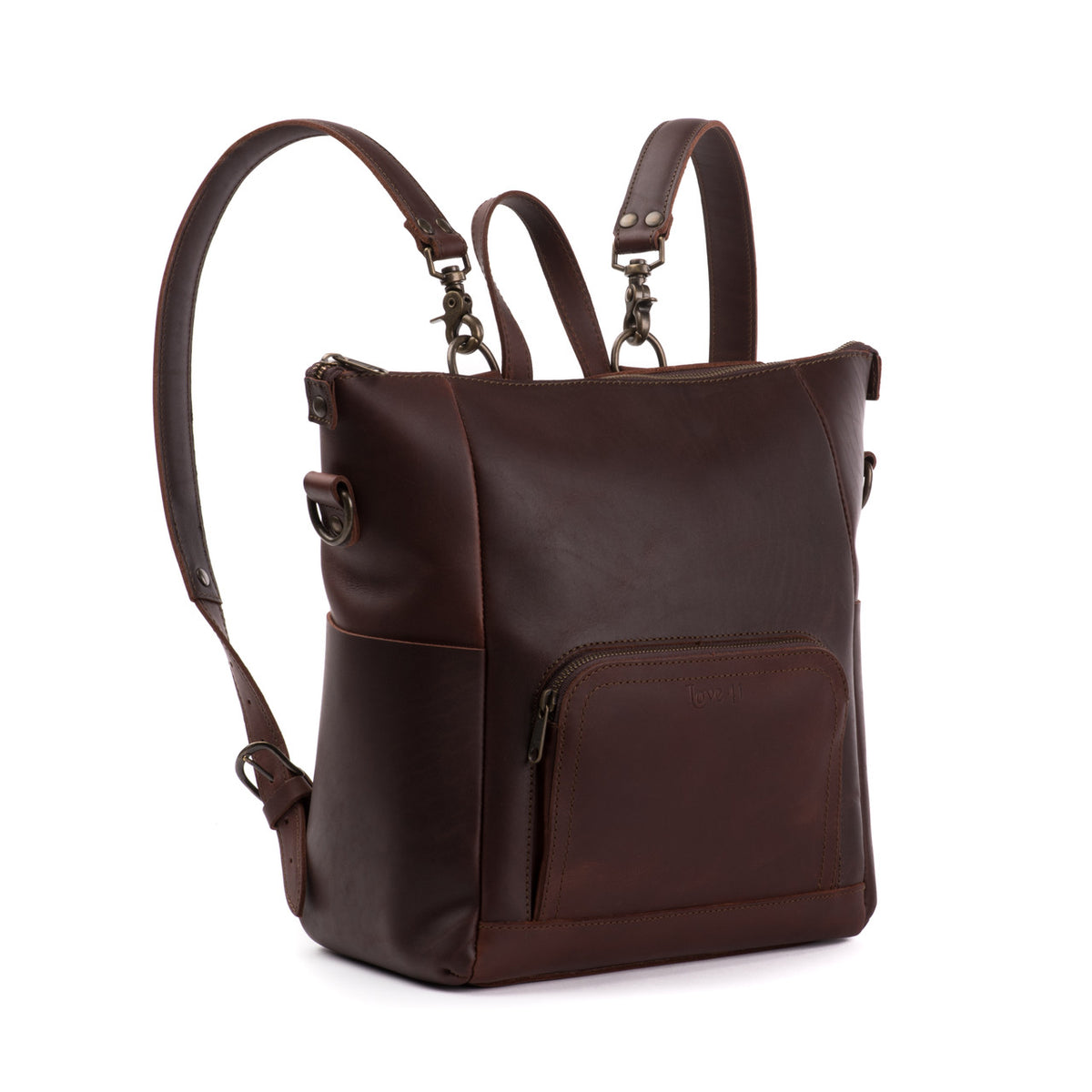 Universal Leather Backpack in Chestnut, angled side view showing straps and side ring