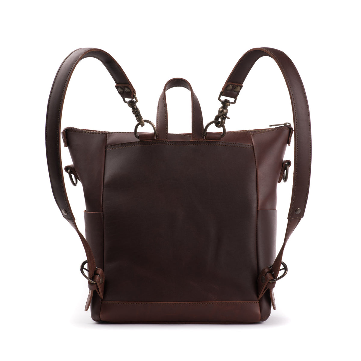 Universal Leather Backpack in Chestnut, back view showing adjustable shoulder straps