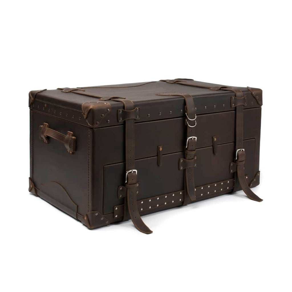 Leather Trunk in Dark Coffee Brown, closed angled view with buckled straps, side handle and studded trim