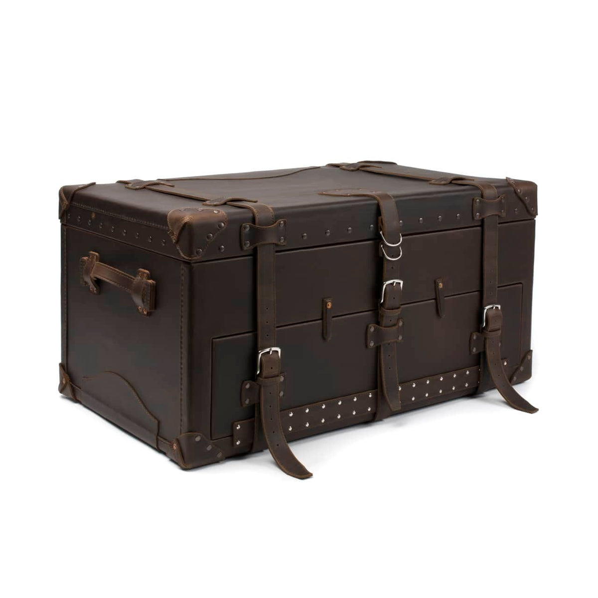 Leather Trunk in Dark Coffee Brown, closed angled view with buckled straps, side handle and studded trim