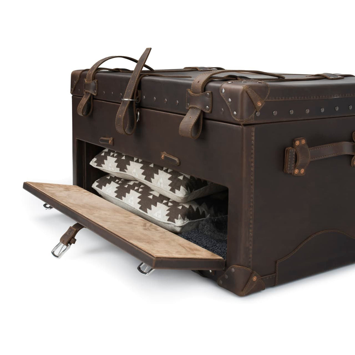 Leather Trunk in Dark Coffee Brown, angled view with drop-front drawer open to show folded patterned blankets