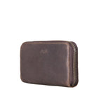 Continental Leather Wallet in Dark Coffee Brown, angled front view showing zipper edge